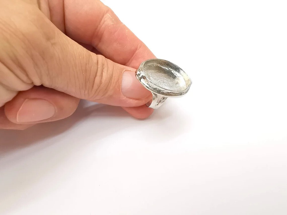 Shiny Silver Ring Blank Base Bezel Setting Adjustable Brass 25x18mm G35719