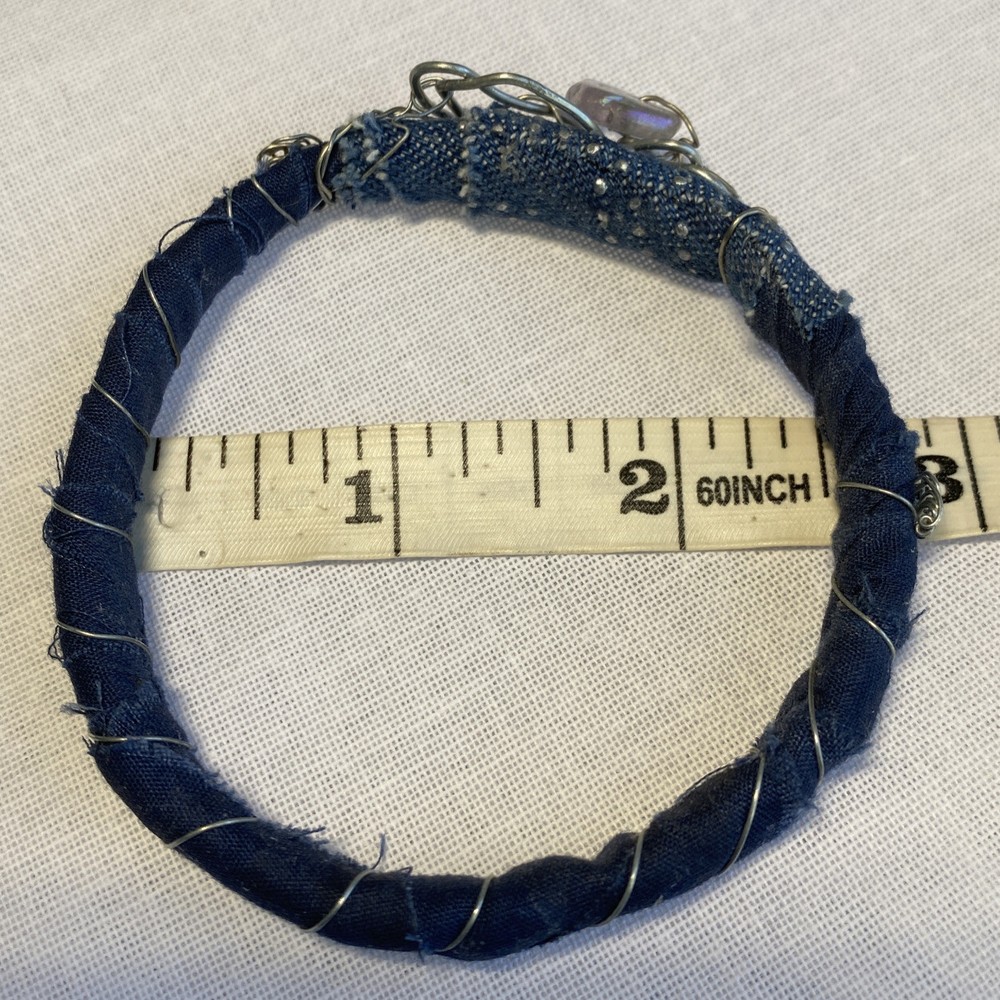Handcrafted Bangle Blue Denim Fabric With Silver Tone Wire Art Design