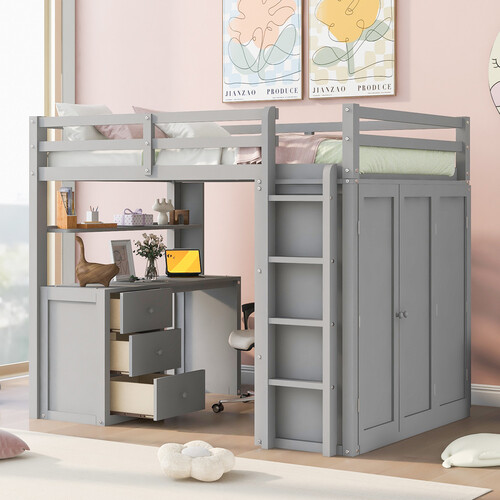 Twin Full Size Loft Bed with Desk Wardrobe Storage Cabinet Solid Wood Bed Frames