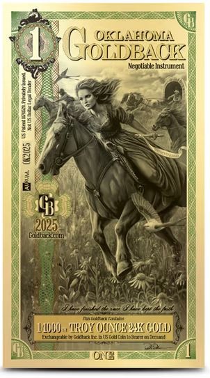 1 Oklahoma Goldback ~ 1/1000th oz 24K Gold Foil Note ~ Authenticated