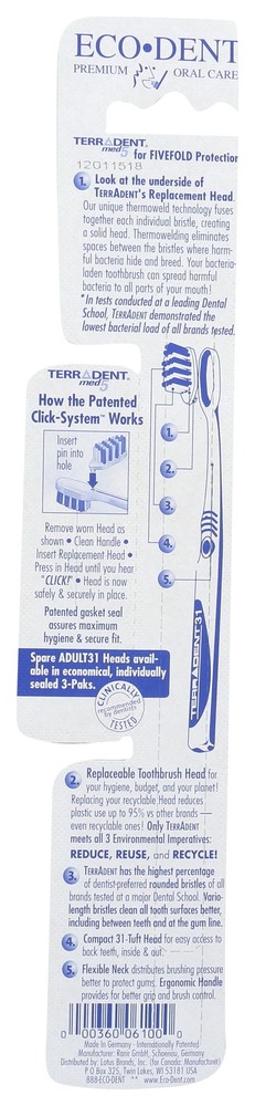 Ecodent Terradent 31 Toothbrush With Replaceable Soft Brush Head 3 Pack