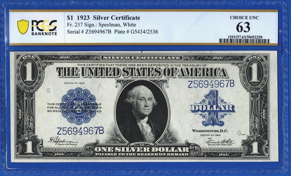 1923💲1 SILVER CERTIFICATE 1️⃣ Fr-237 1️⃣ PCGS 63