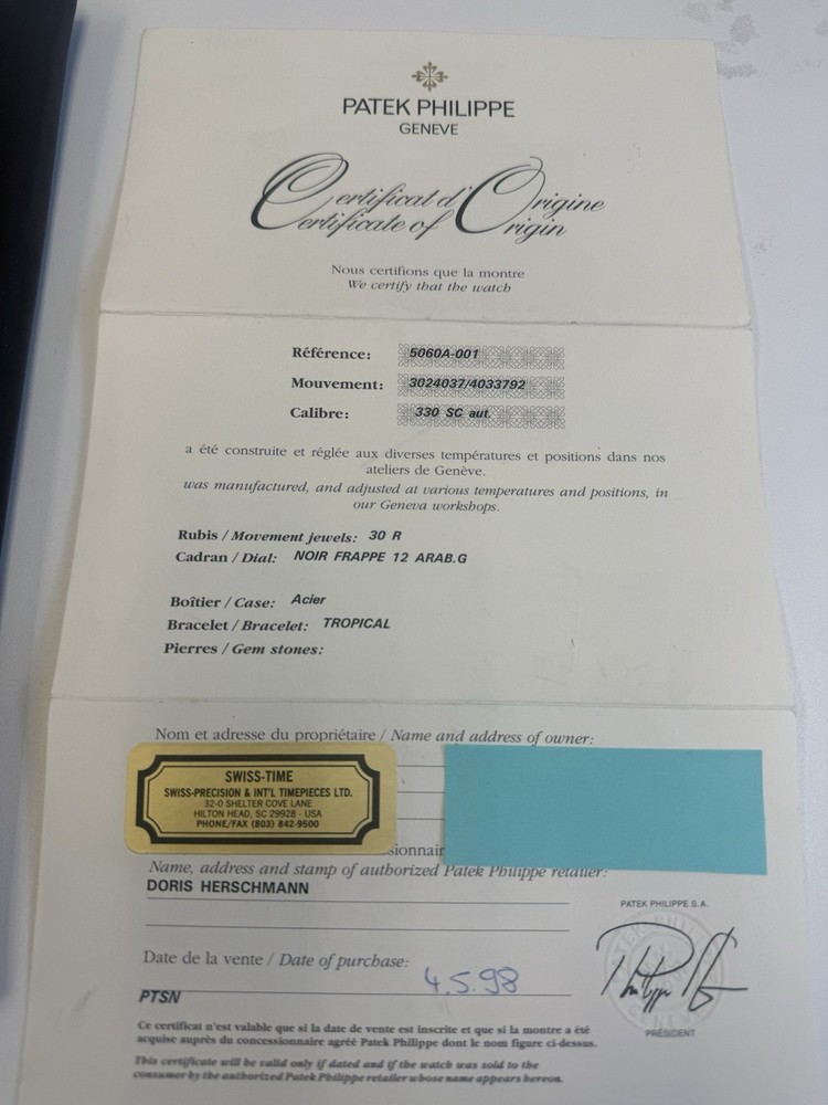 Patek Philippe 5060A Certificate