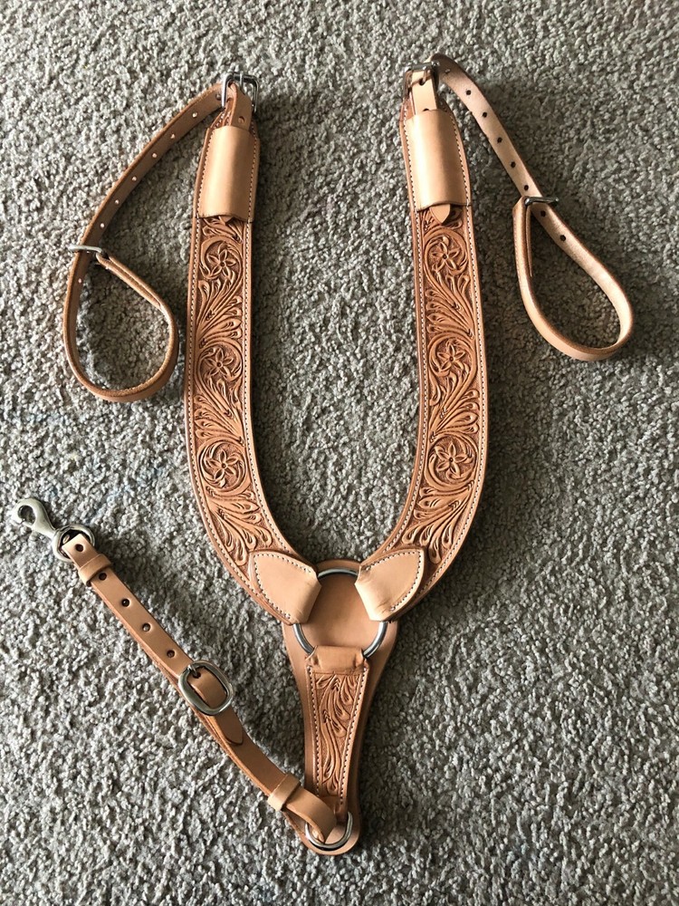 Western Natural Leather hand Carved Pulling Breast Collar