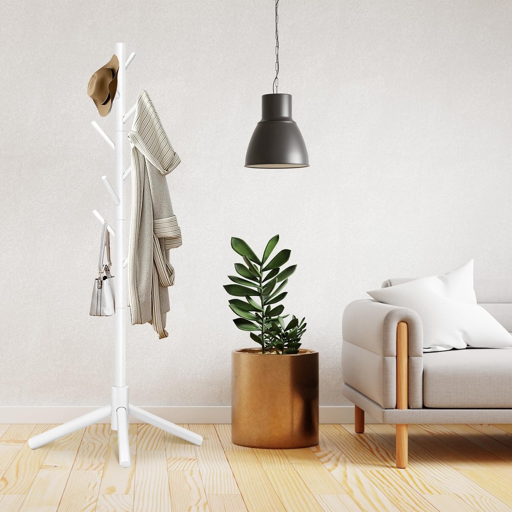 Durable Wooden Coat Rack Freestanding with Stable Triangular Base 8 Hooks &