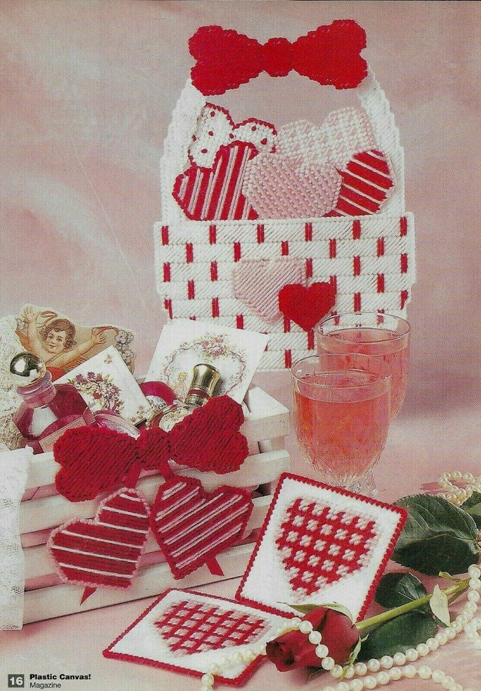 HEARTS ABOUNDING VALENTINE BASKET & COASTERS PLASTIC CANVAS PATTERN INSTRUCTIONS