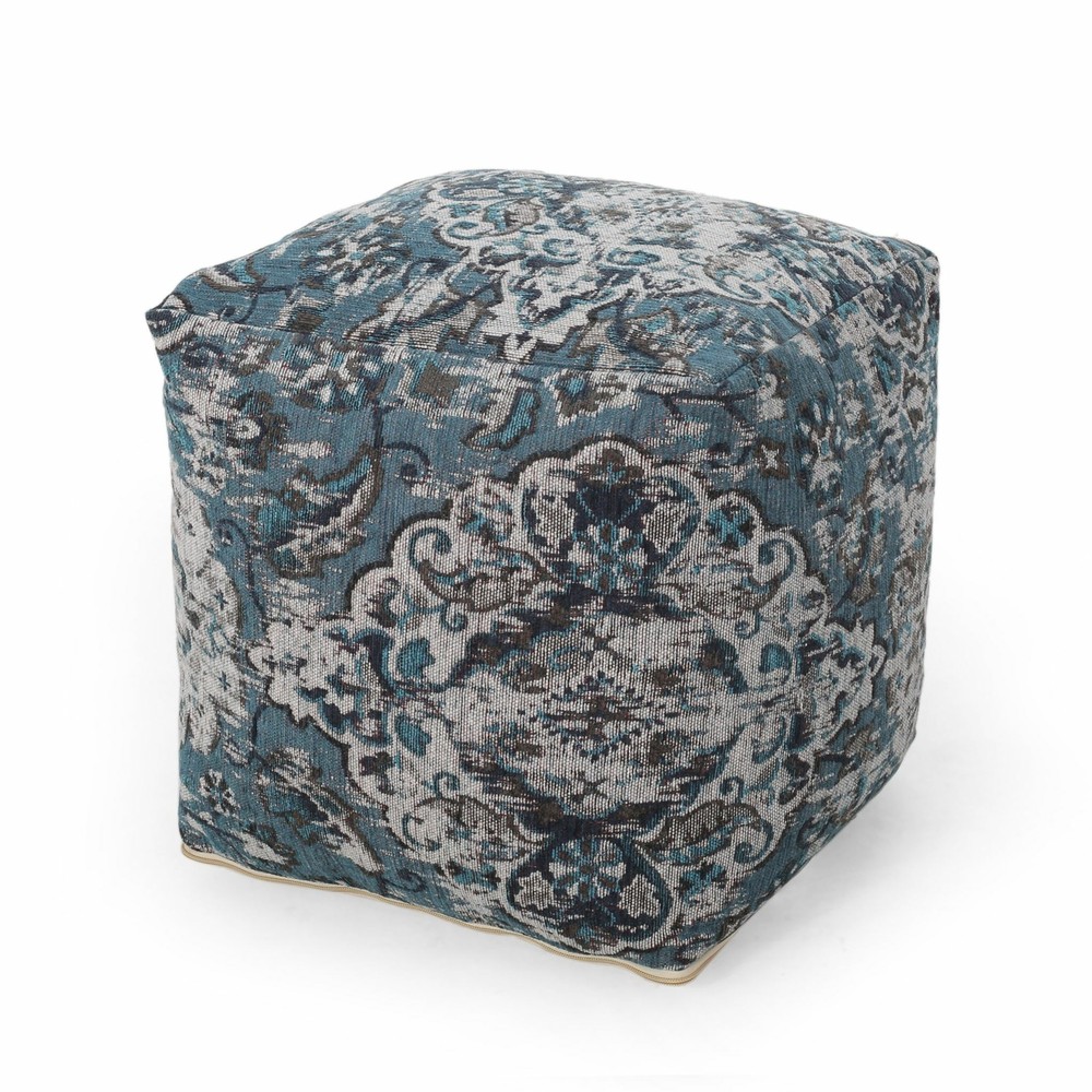 Boho Handmade Fabric Oriental Cube Pouf, Blue