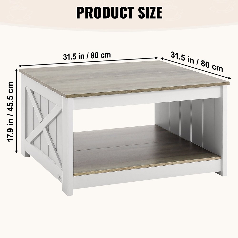 31.5" Farmhouse Coffee Table Square Coffee Table Open Storage Compartment