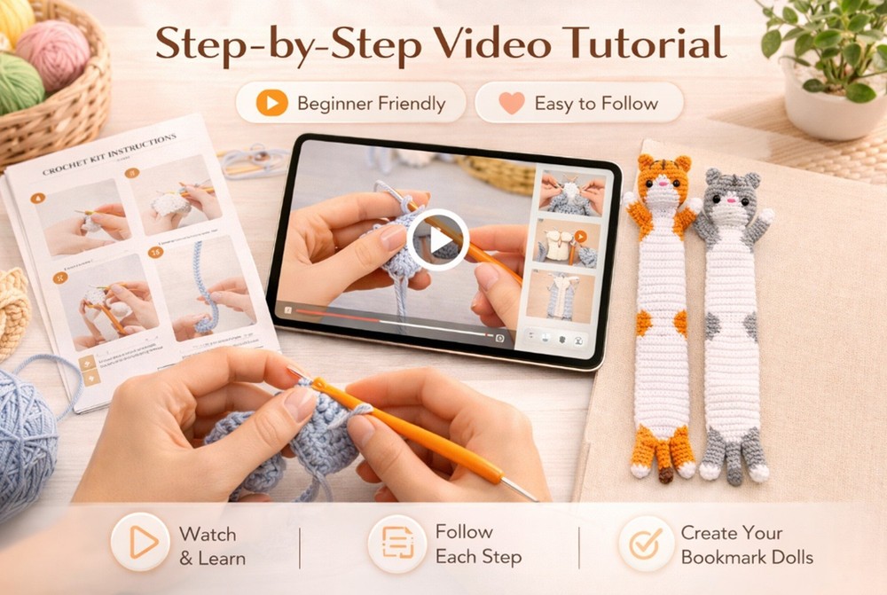 Cat Crochet Bookmark Kit 2 Pack for Beginners DIY Set with Video Tutorial