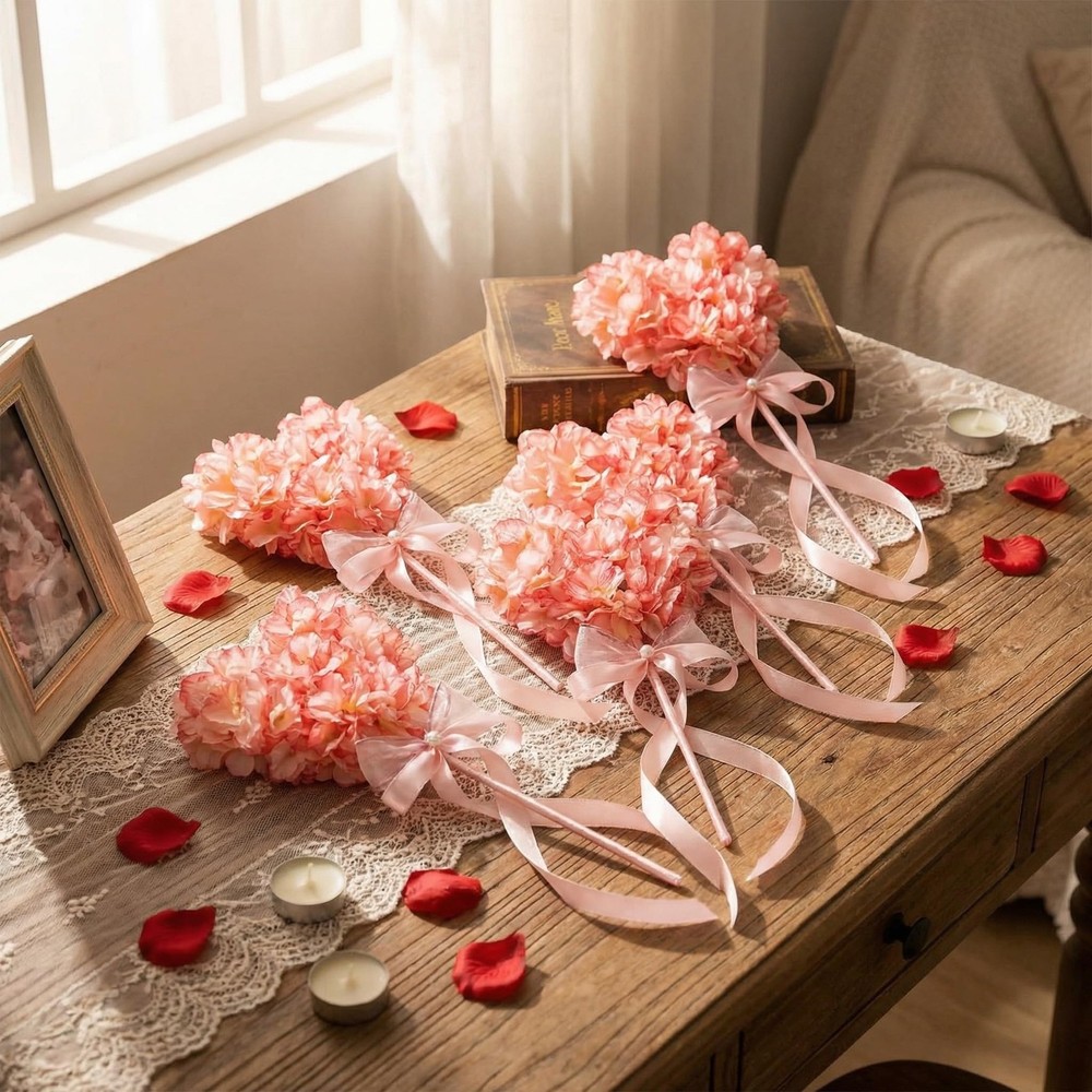 Suncalla 6 Set Heart Shaped Artificial Hydrangea Decor, Romantic Pink