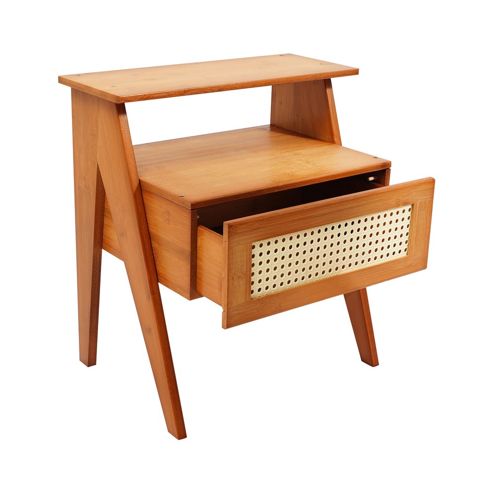 Bamboo Bedside Table, Trapezoidal Sofa Side Table, Bedside Table with Drawer