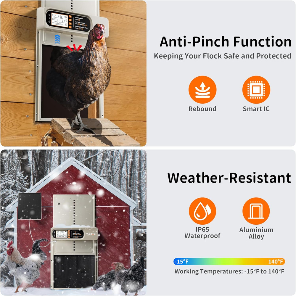 Automatic Chicken Coop Door Solar Powered with Timer, Light Sensor, Remote Contr