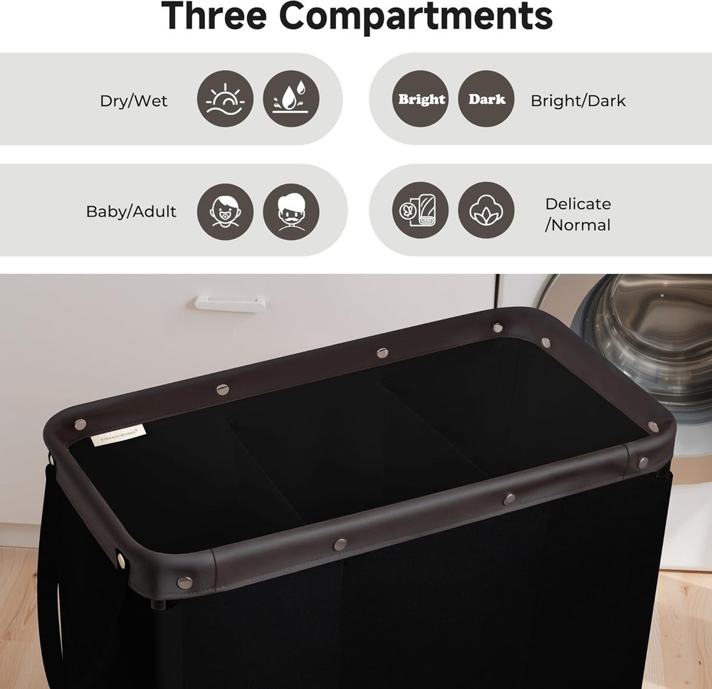 3 Section Laundry Hamper Rolling Laundry Cart W/ Wheels & Handles Laundry Room