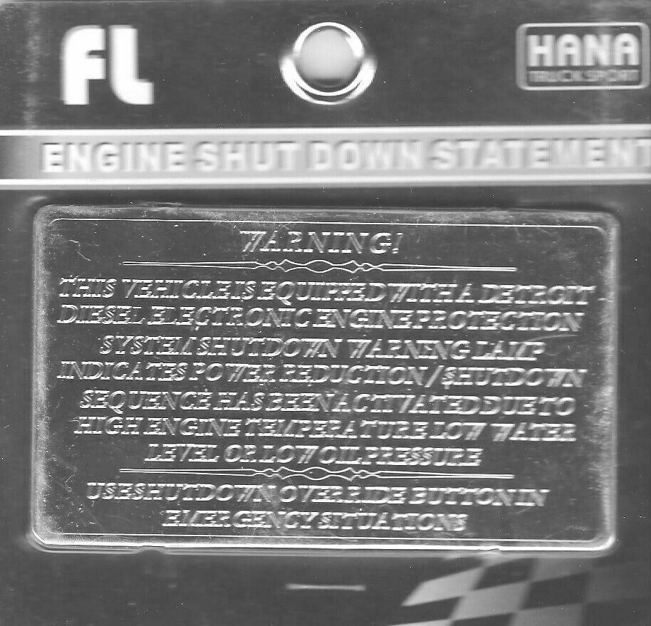 HTS Statement Plate for Freightliner Engine Shutdown Stainless Engraved #FL-1030