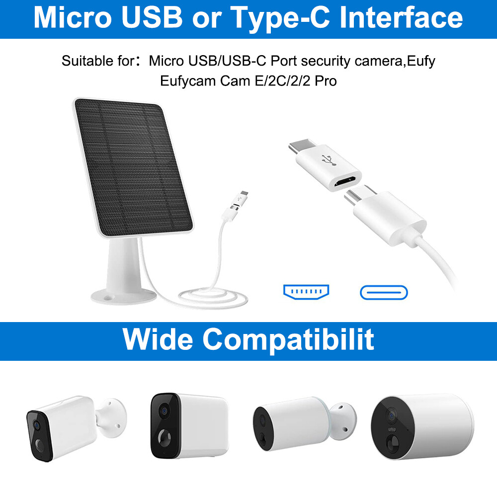 1-4Pcs Solar Panel Charge with USB Power Cable for Eufy Camera Micro USB Type-C