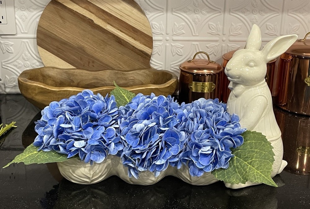 Easter Centerpiece with Real Touch Hydrangeas, Antiqued Ivory Color Ceramic
