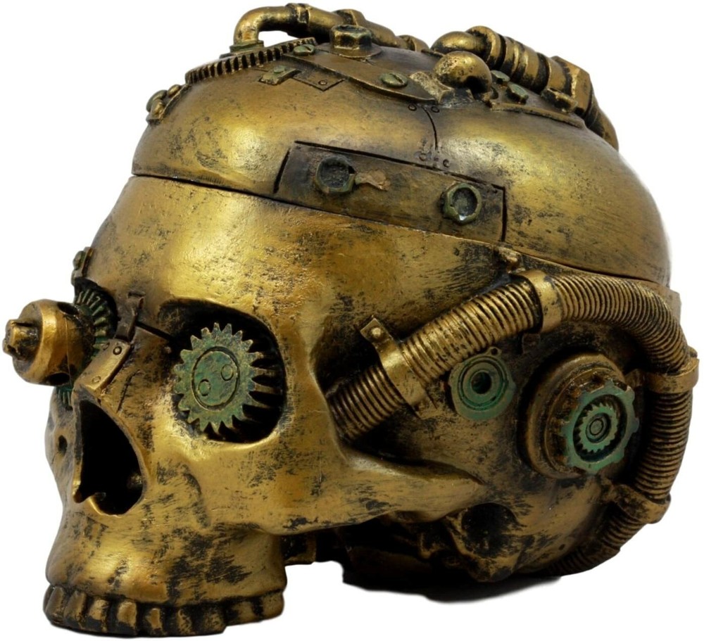 Steampunk Skull Box Robotic Gearhead Half Head 7.5" Long Container Keepsake Box
