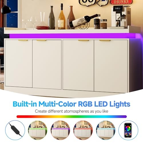 LED Sideboard Buffet Cabinet with Storage, 63'' Large Kitchen Buffet White