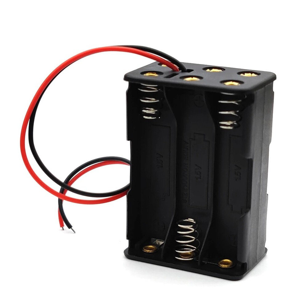 6-AA Battery Holder Case Plastic Box Tow Layer Stacked Wire Leads DC 9V Black