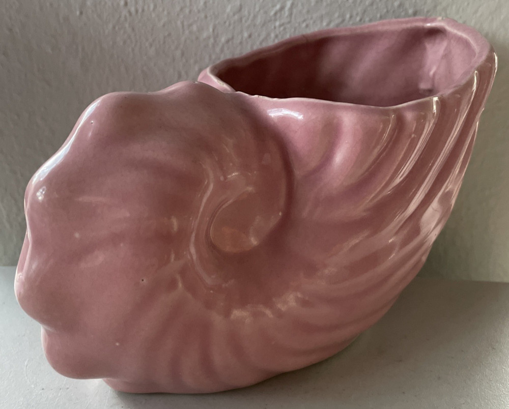 Vintage Pink Ceramic Cornucopia Shell Planter Dish 8" Long