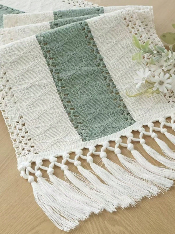 Boho Macrame Table Runner with Tassels Cream Brown Farmhouse Rustic Wedding