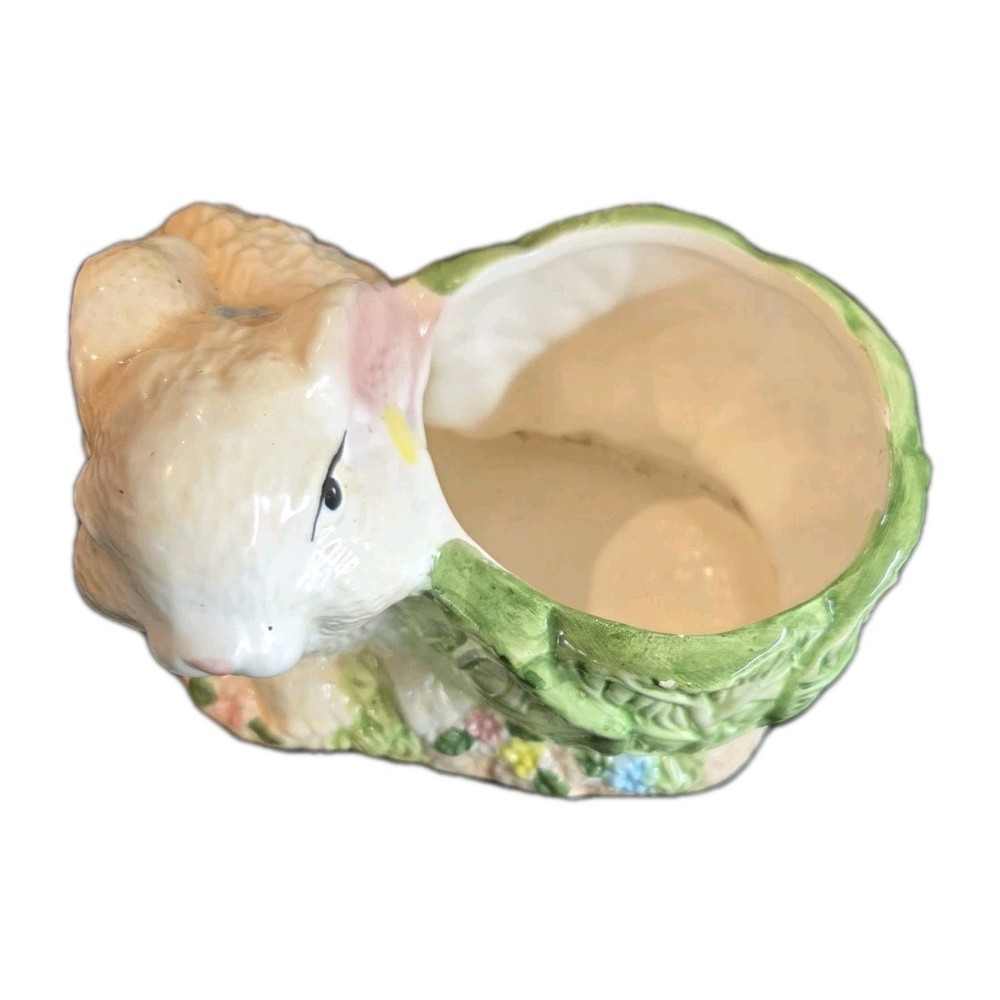 Large Bunny Planter White Rabbit w/ Cabbage Lettuce Leaf Planter