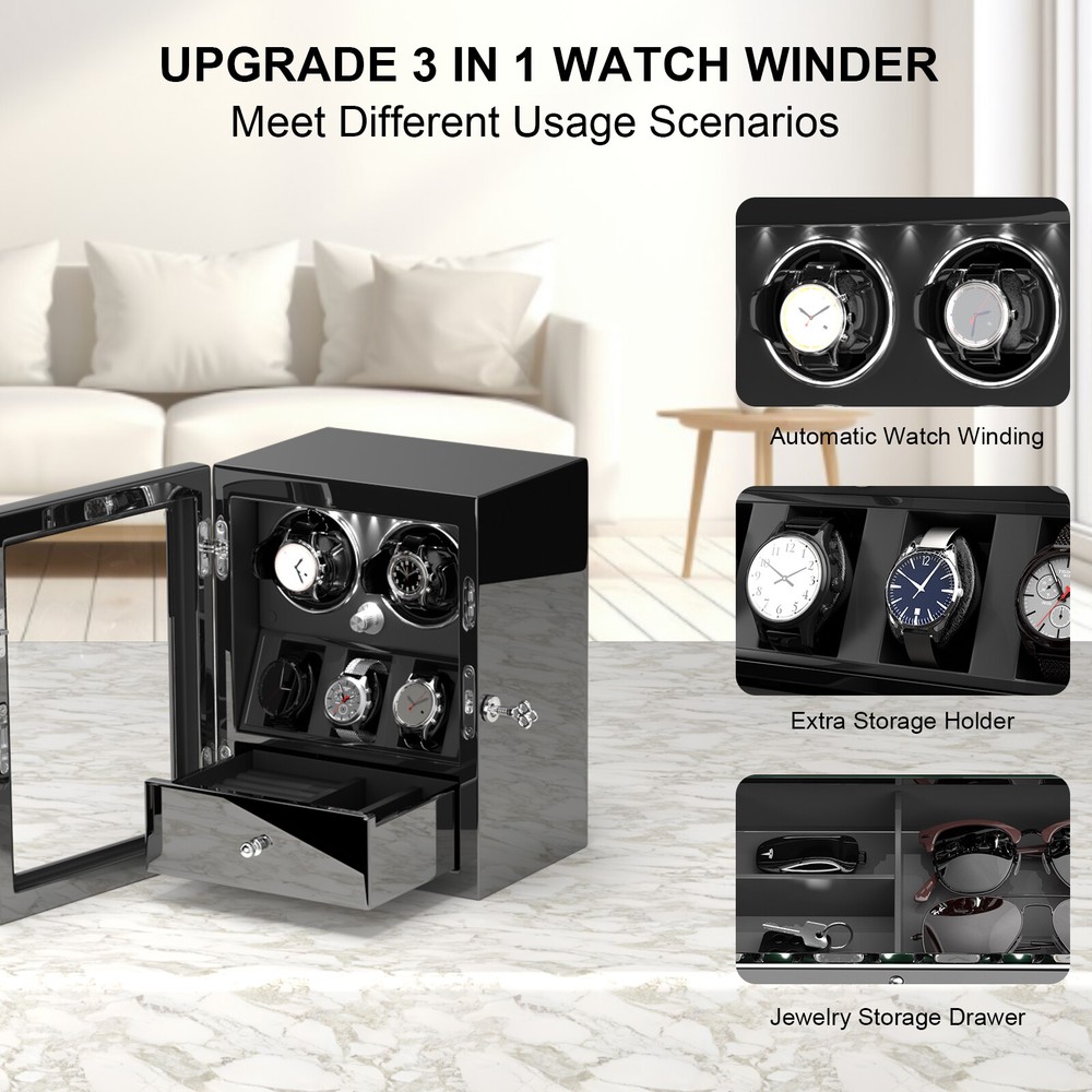 Automatic Double 2 Watch Winder with 3 Watch Display Storage Box Drawer LED Gift