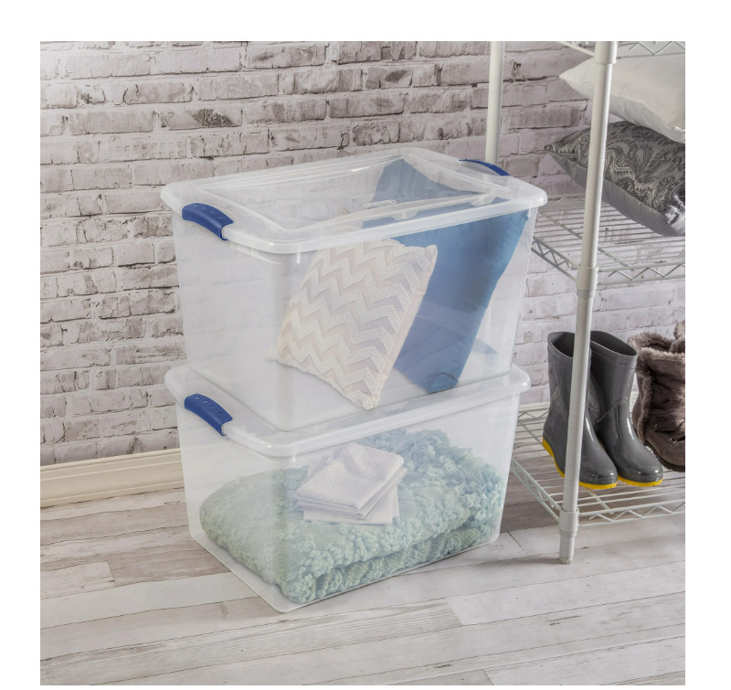66QT Large Latching Storage Bin, Clear Plastic Container with Blue Lid