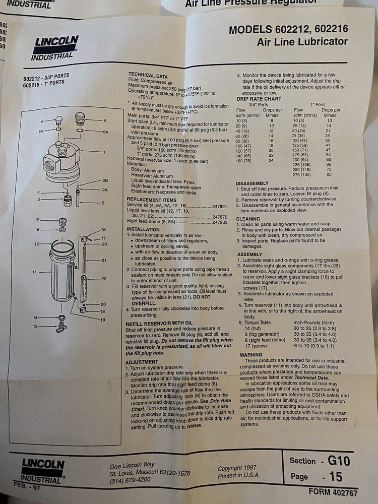 LINCOLN INDUSTRIAL HIGH CAPACITY LUBRICATOR/FILTER/REGULATOR 602012, ………..602017