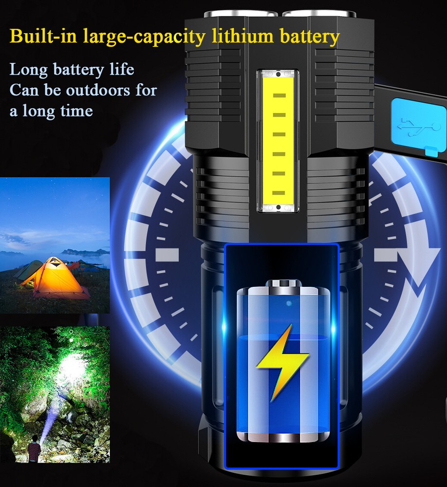 Super Bright LED Flashlight USB Rechargeable Searchlight 4 Modes Work Torch