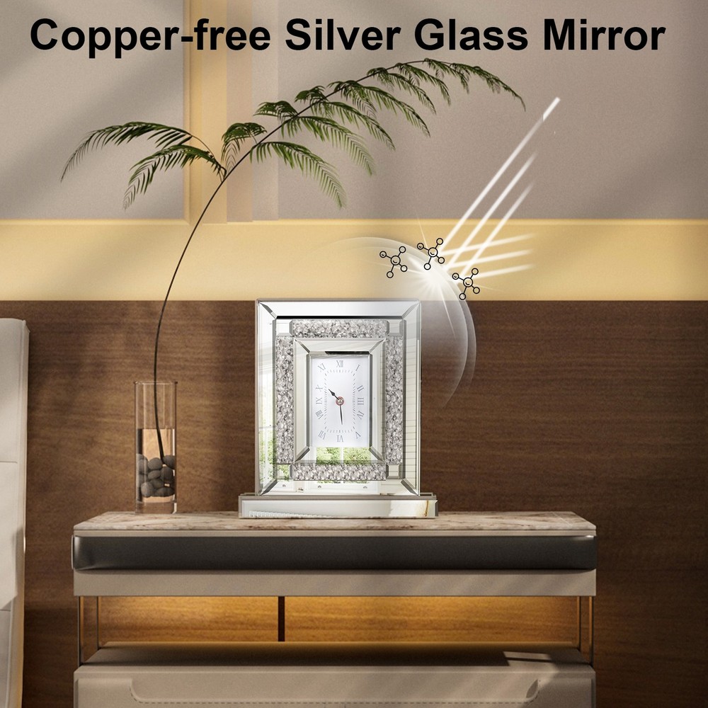 WISFOR 30cm Crushed Diamond Mirrored Desk Clock Decorative Table Clock Silver