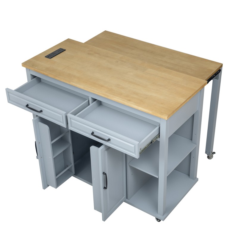 Kitchen Island with Extendable Dining Table, Rolling Wheels, Storage, Power