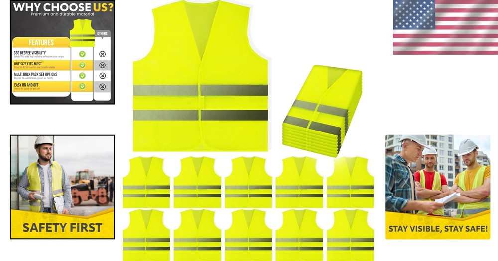 Yellow Reflective Safety Vests 10 Pack - High Visibility