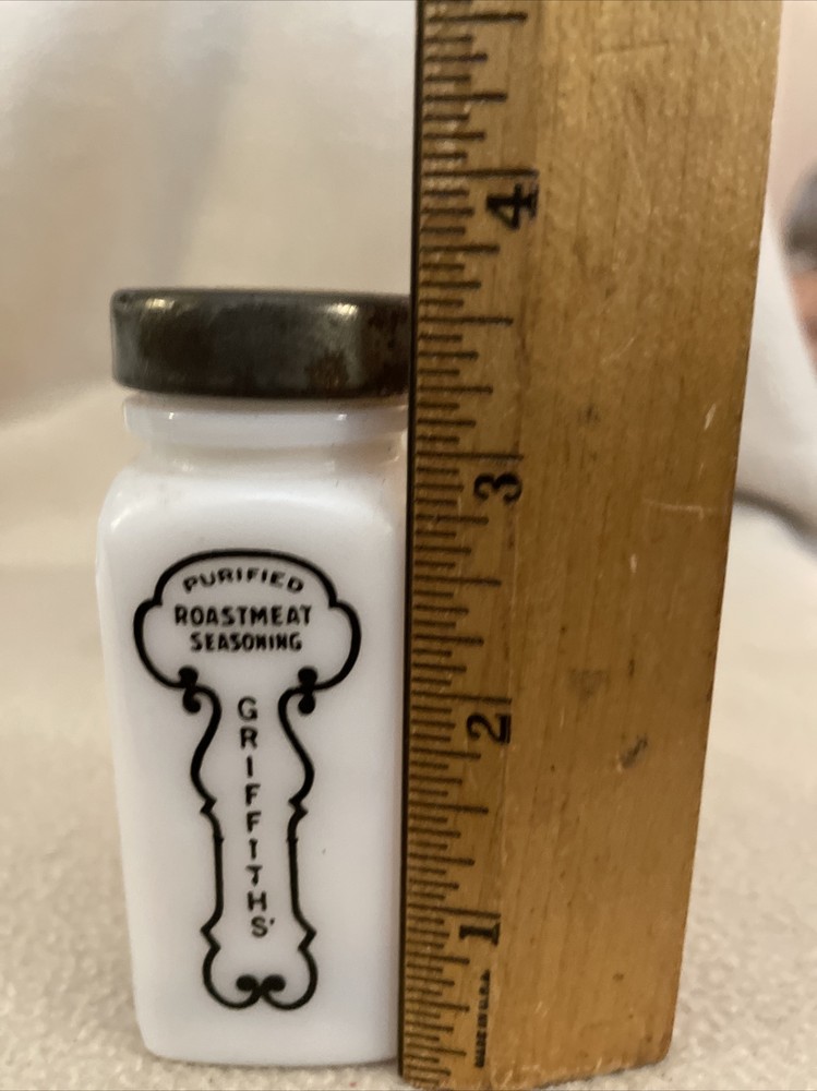 Vintage Griffith's Kitchen Spice Rack 10 White Jars Black GraphIcs & Silver Lids