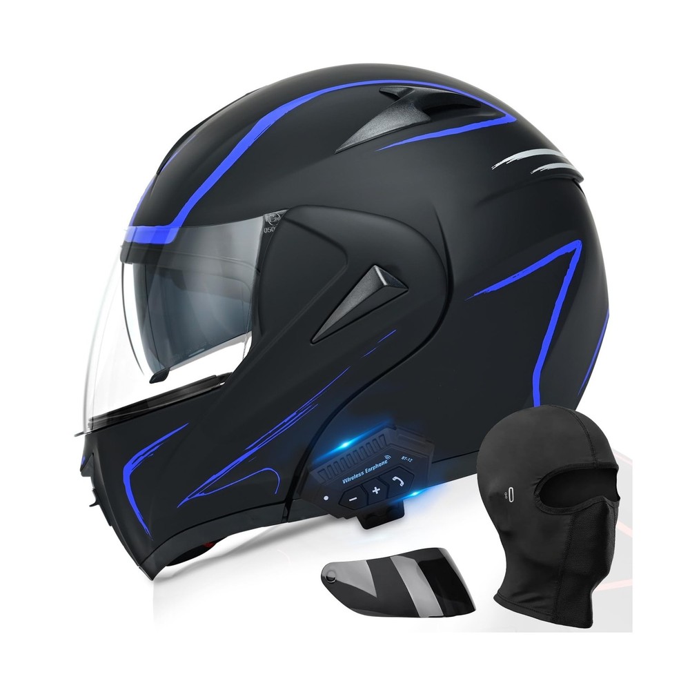 Motorcycle Bluetooth Modular Helmet, DOT Approved Dual Visor Full Face Flip U...