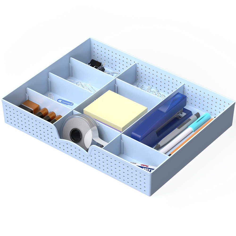 Drawer Organizer Tray with 9 Adjustable Compartments, Blue