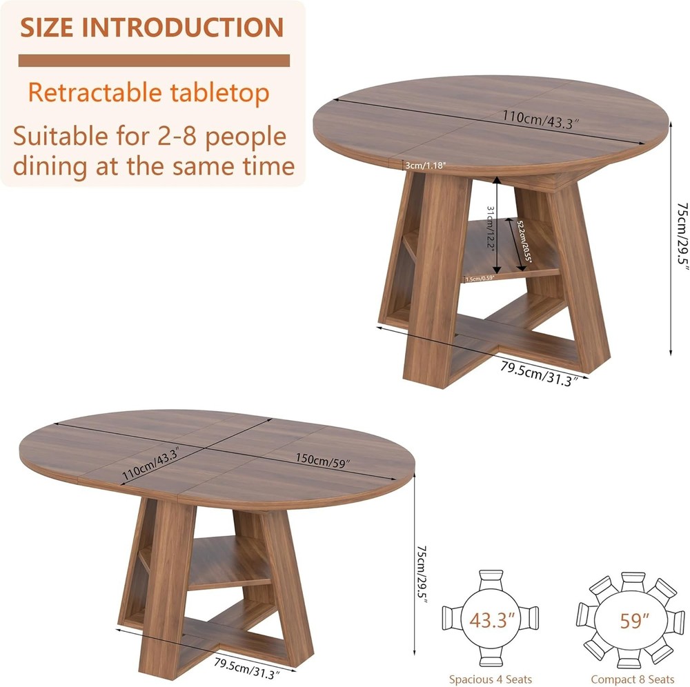 Modern Walnut Dining Table with Removable Leaves for 4-8 - Space Saving Design