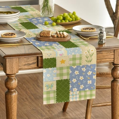 Patchwork Buffalo Plaid Floral 210 GSM Spring 13" x 72", Table Runner Green