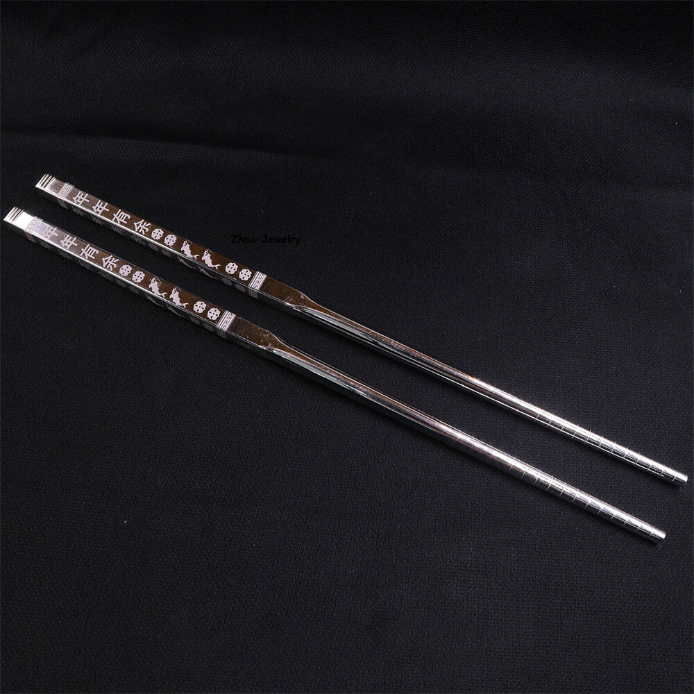 Solid S999 Fine Silver 999 Square Fish Figure Chopsticks Dinnerware 43-44g
