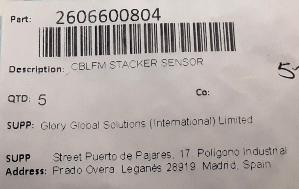 QTY 5 | Glory | PN: 2606600804 | CBLFM Stacker Sensor