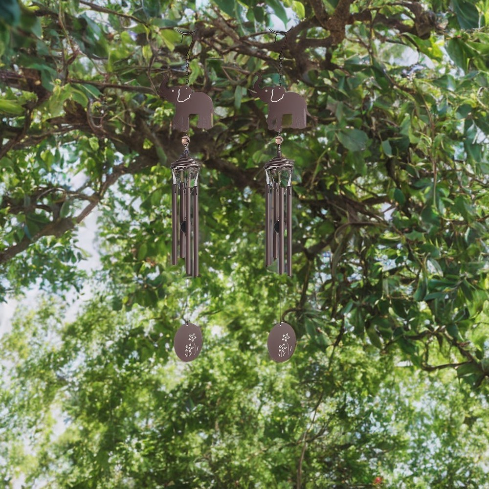 2-PC Gift Set 27" Long Elephant Matal Silhouette Wind Chime Garden Decor