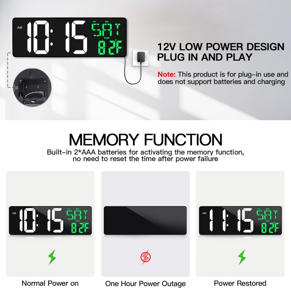 17 Inch Large Digital Wall Clock with Remote Control, Automatic Brightness Di...