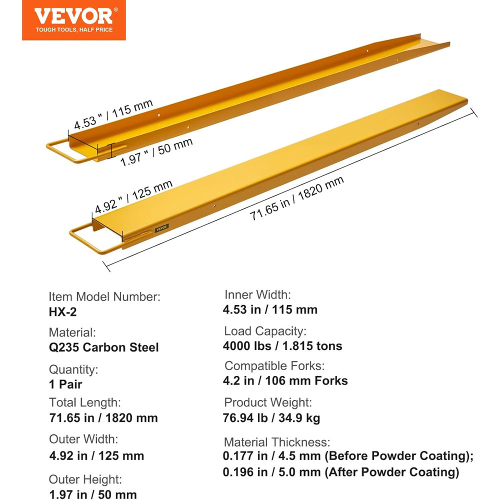 VEVOR Forklift Extensions, 72 Inch Fork Extensions 4.5 Inch Width, Heavy Duty Fo