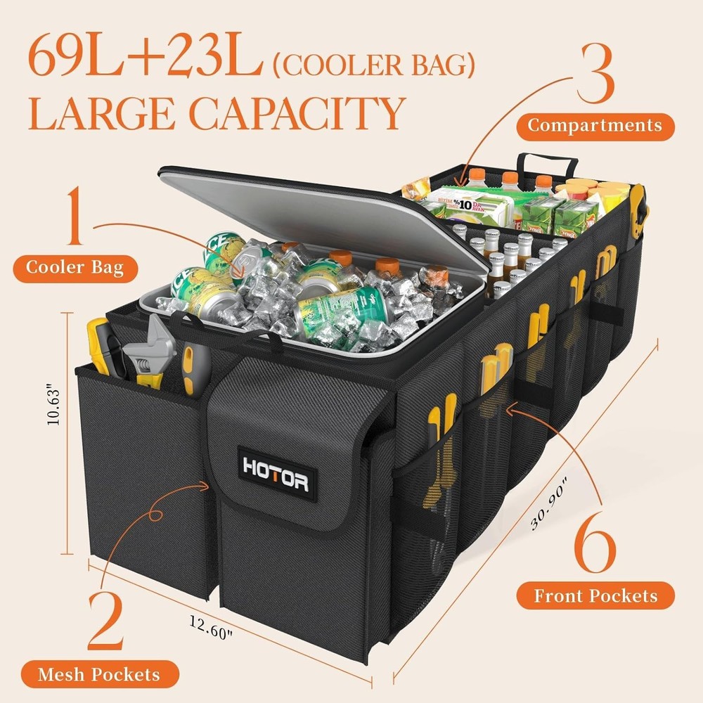 Large Capacity SUV Trunk Organizer with Sturdy Construction - 3 Compartments