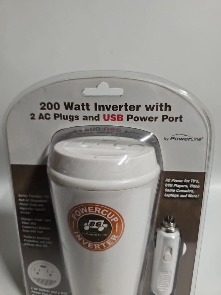 PowerLine PowerCup Inverter 200w Mobile with USB Port & Powers 3 Devices New