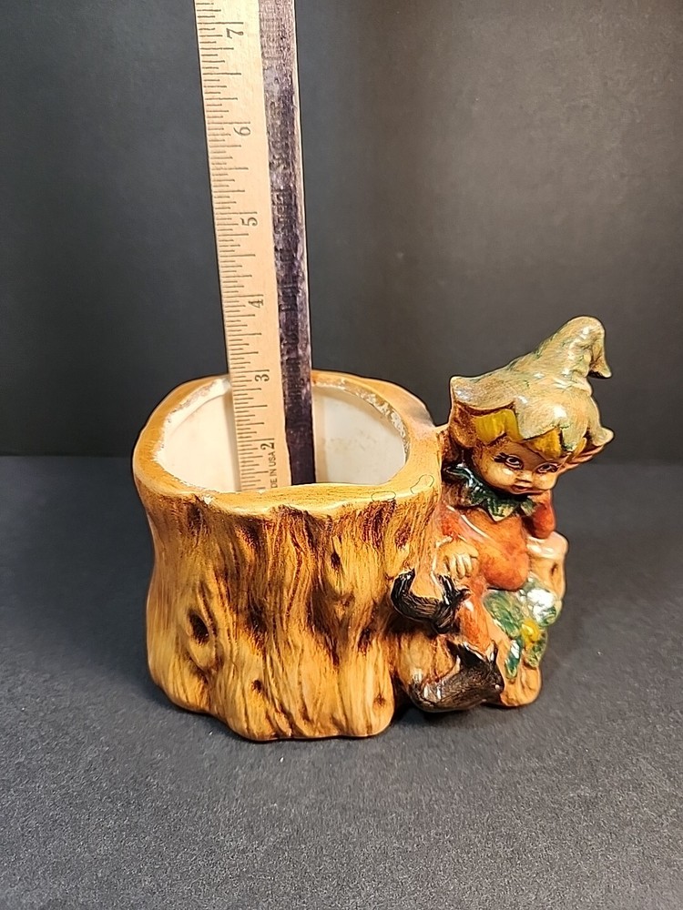 Vintage Ceramic Pixie Elf Tree Stump Planter Woodland Forest Succulents