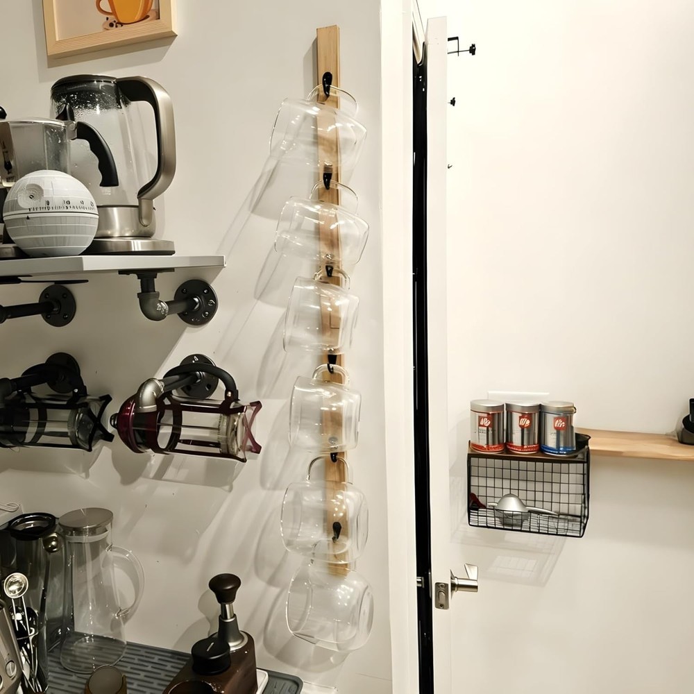 Wall-Mounted Coffee Mug Rack 6-Hook Solid Wood Cup Holder Kitchen Cabinet