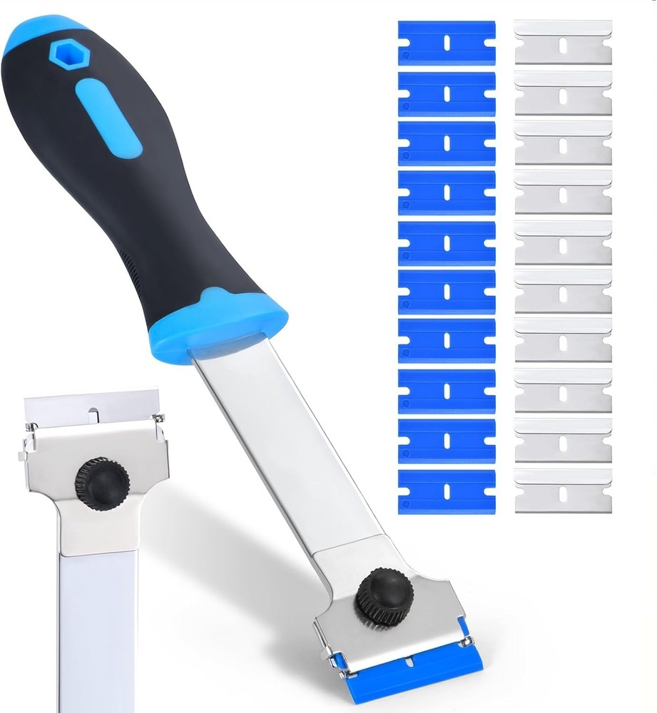 Blade Scraper Tool with 10 Metal & 10 Plastic Replacement Blades, Long Handle US