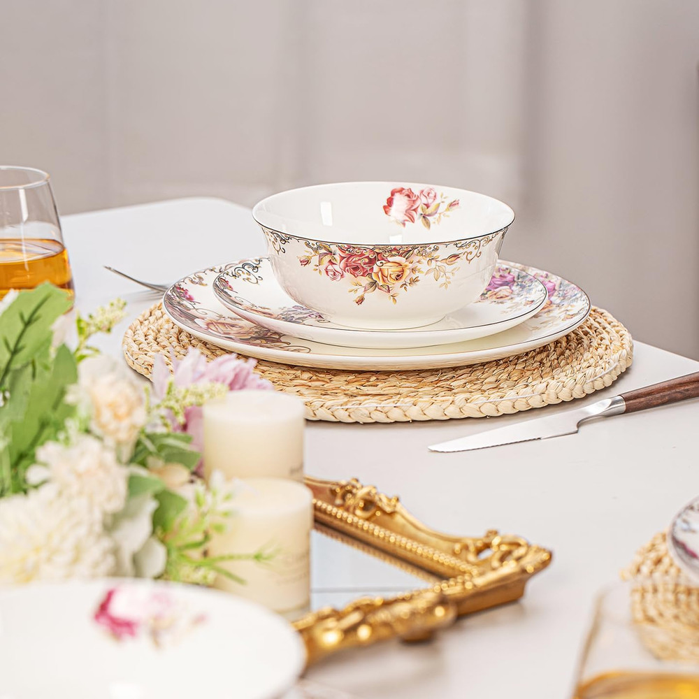Dinnerware Sets, Plates Set, with Bowls, Artistic 12-Piece Ceramic Dinnerware, f