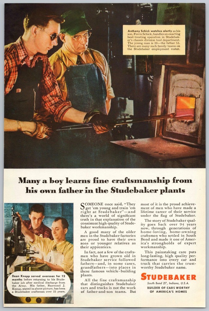 1946 Studebaker: Vintage Print Ad Post WW2 Father & Son Craftmanship